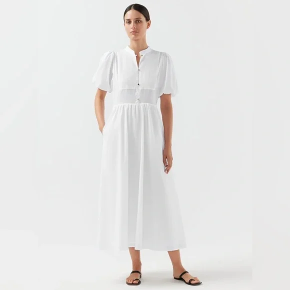 NWT BIRD & KNOLL MIKI DRESS white Maxi cotton voile Sz M $350 puff sleeves